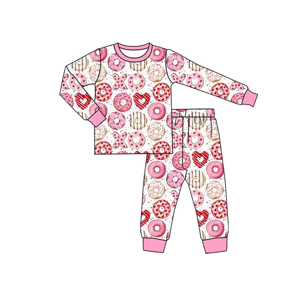 Moq 5 Preorder Baby Girls Kids Long Sleeves Donuts Shirt Pants Pajamas Valentine Set Clothes