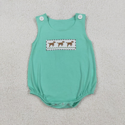 RTS Sibling Baby Boys Kids Embroidery Dogs Green Bubble Romper Set Summer Clothes
