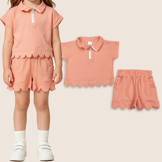 Baby Girls Kids Short Sleeves Zipper Shirt Scallop Shorts Set