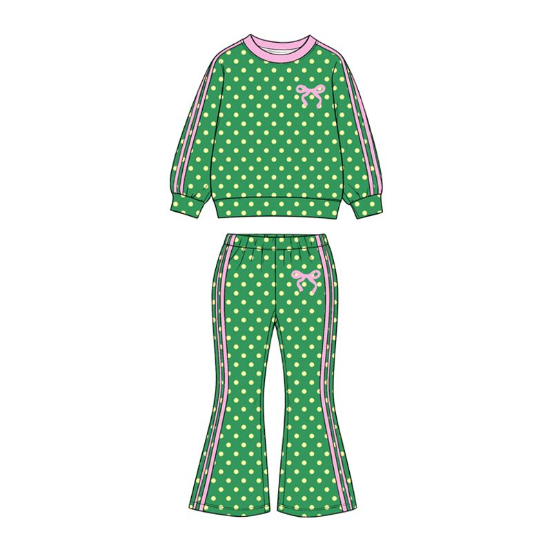 Moq 5 Preorder Baby Girls Kids Long Sleeves Dots Shirt Pants Bows Set Green Clothes