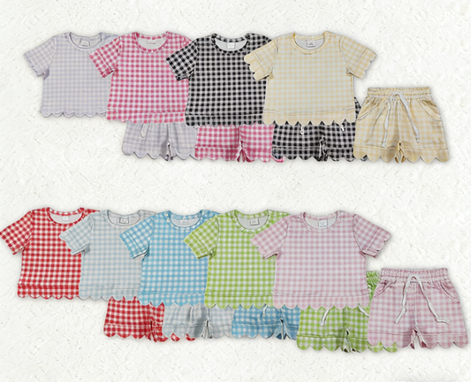 RTS Sibling Baby Girls Kids Short Sleeves Plaid Tops Scallop Shorts Outfits Summer Clothes