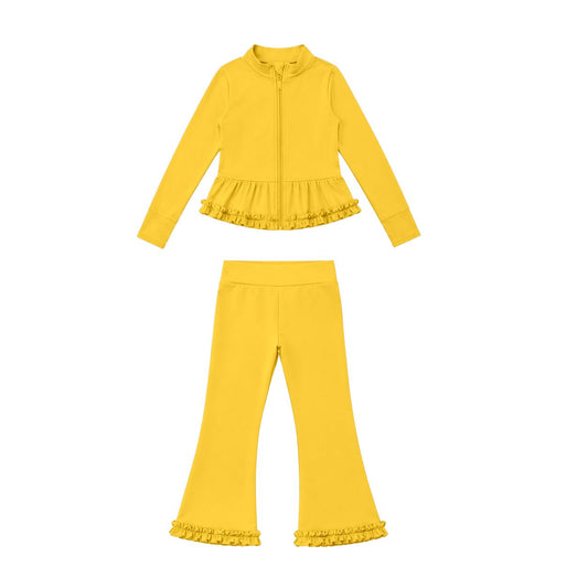 Moq 5 Preorder Baby Girls Kids Zipper Ruffle Cardigan Tops Pants Yellow Set Yoga Active Clothes