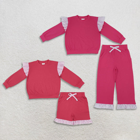Sibling Baby Girls Kids Long Sleeves Shirts Pockets Shorts Pants Cotton Sets Hot Pink Clothes