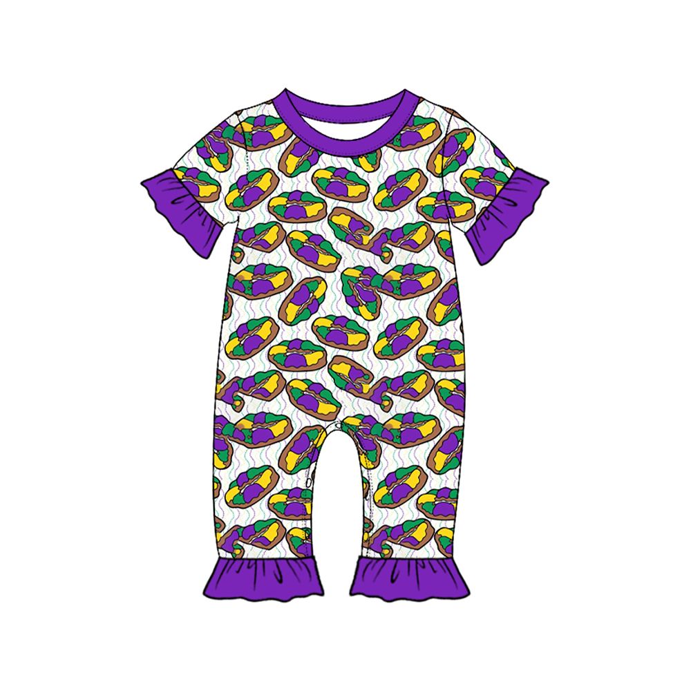 Moq 5 Preorder Baby Girls Kids Short Sleeves Donuts Mardi Gras Romper Clothes