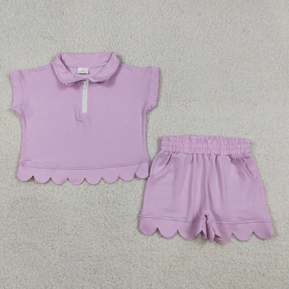 Baby Girls Kids Short Sleeves Zipper Shirt Scallop Shorts Set