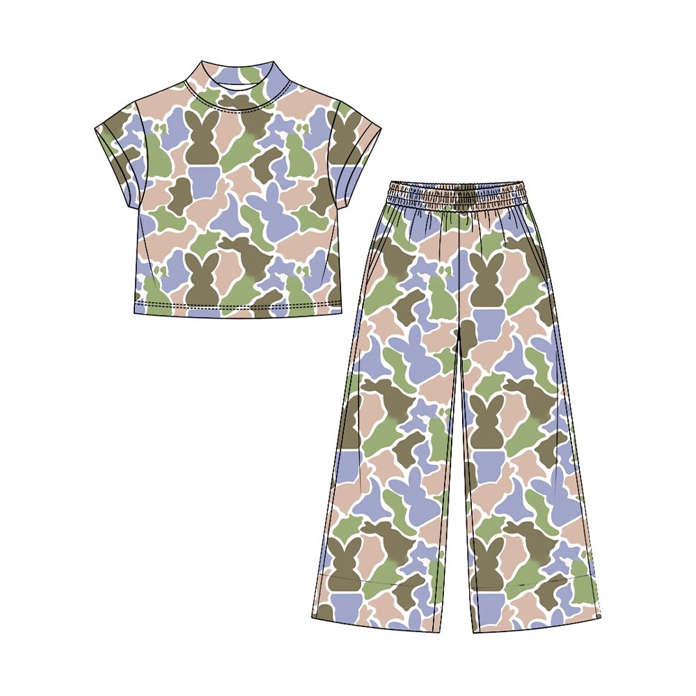 Moq 5 Preorder Baby Girls Kids Short Sleeves Camo Shirt Pockets Pants Rabbits Easter Set Clothes