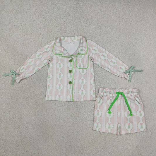 Baby Girls Kids Christmas Tree Bows Buttons Shirt Pockets Shorts Pajamas Set Clothes