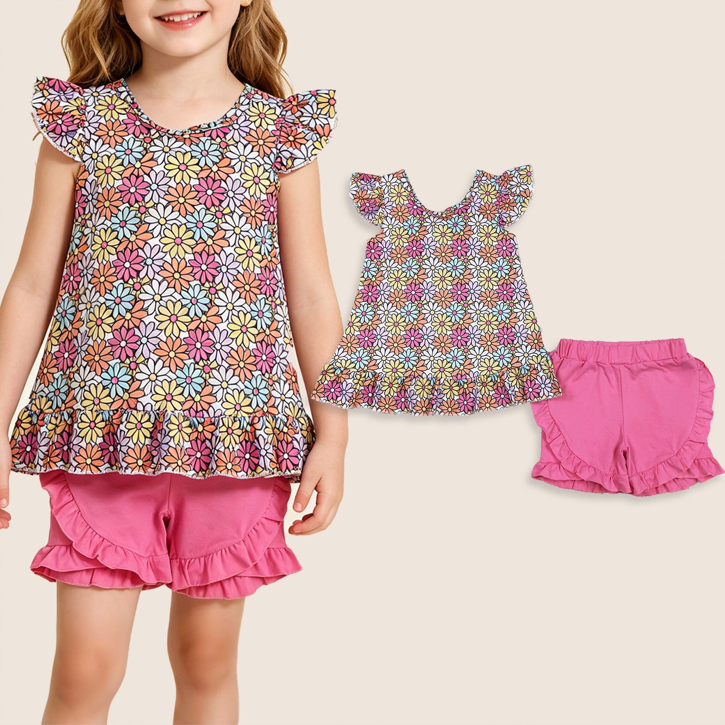 Baby Girls Kids Short Sleeves Flower Tunic Pink Ruffle Shorts Summer Set