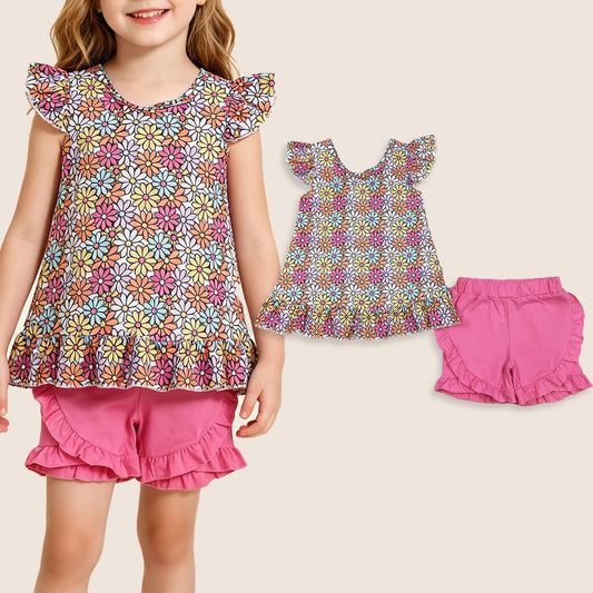 Baby Girls Kids Short Sleeves Flower Tunic Pink Ruffle Shorts Summer Set