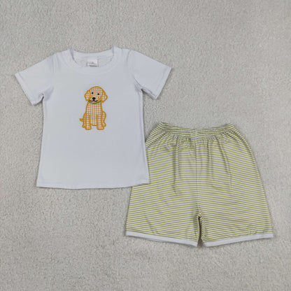 Baby Boys Kids Short Sleeves Embroidery Dog Shirt Green Stripes Shorts Set