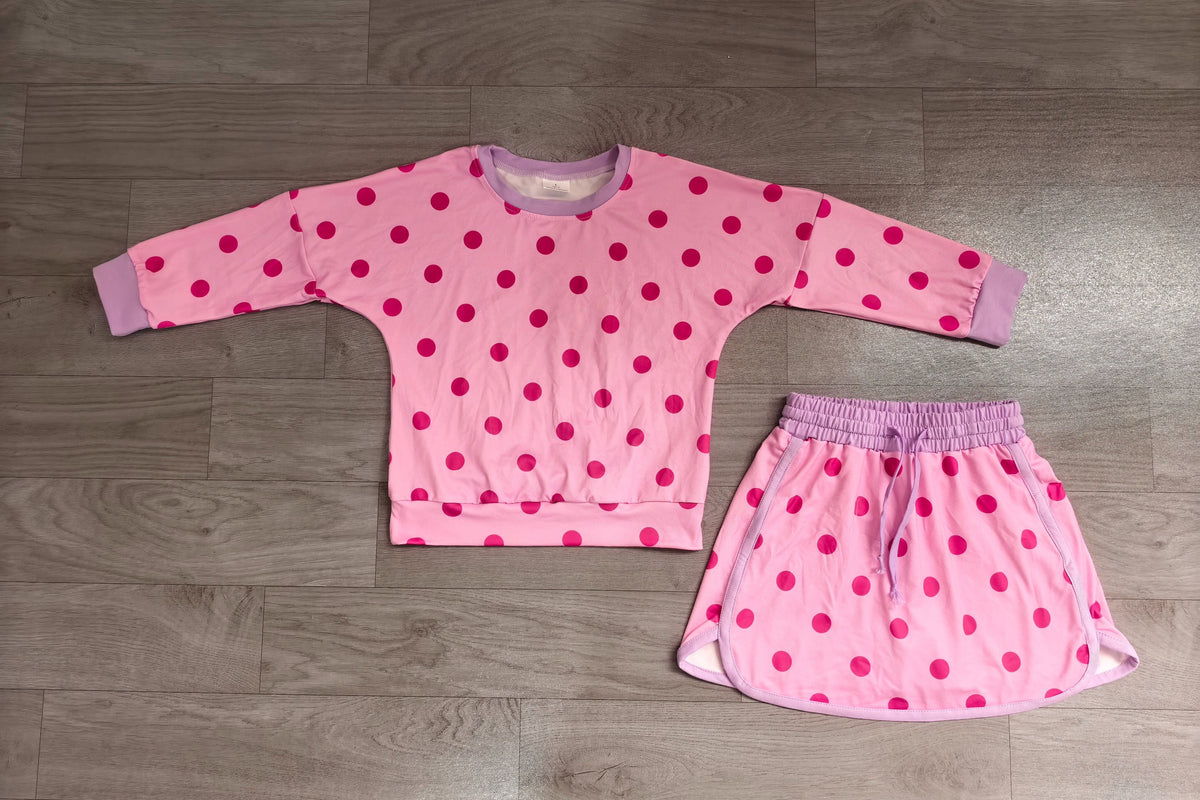 No moq Preorder Baby Girls Kids Long Sleeves Dots Shirt Skirt Shorts Pink Set Clothes