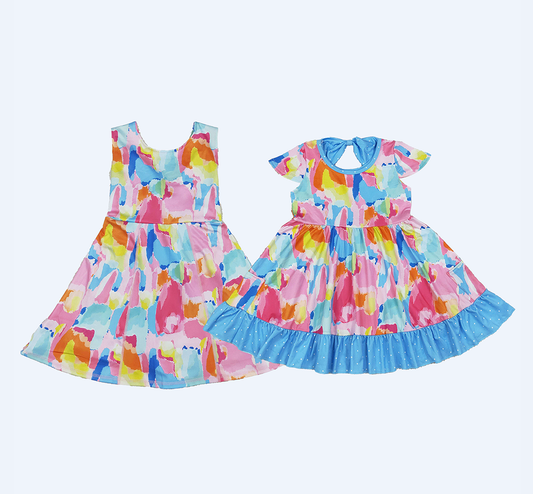 Sibling Baby Girls Toddler Tie Dye Knee Length Dresses Summer Clothes