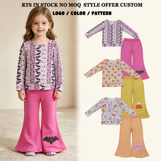 Sibling Baby Girls Kids Long Sleeves Bows Ghosts Shirts Bell Pants Halloween Sets Clothes