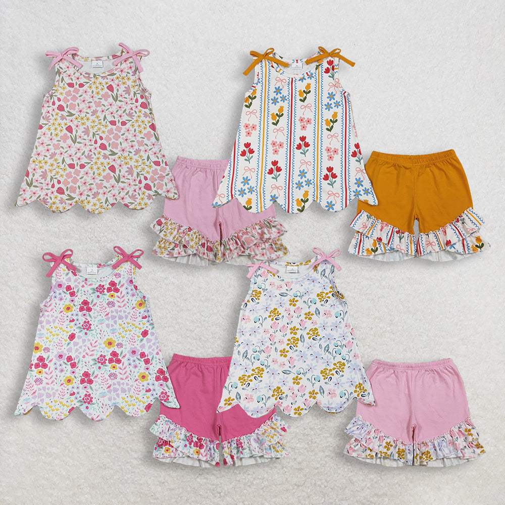 RTS Sibling Baby Girls Kids Bows Flower Scallop Tops Ruffle Shorts Summer Sets Clothes