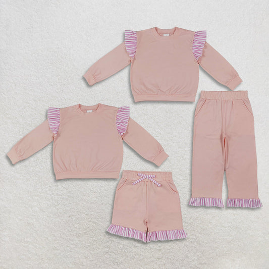 Sibling Baby Girls Kids Long Sleeves Shirts Pockets Shorts Pants Cotton Pink Sets Clothes