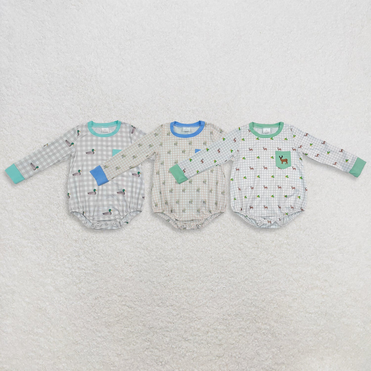 Sibling Baby Boys Long Sleeves Embroidery Ducks Deer Pockets Plaid Bubble Rompers