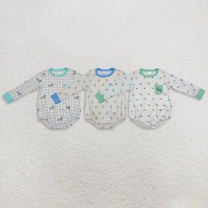 Sibling Baby Boys Long Sleeves Embroidery Ducks Deer Pockets Plaid Bubble Rompers