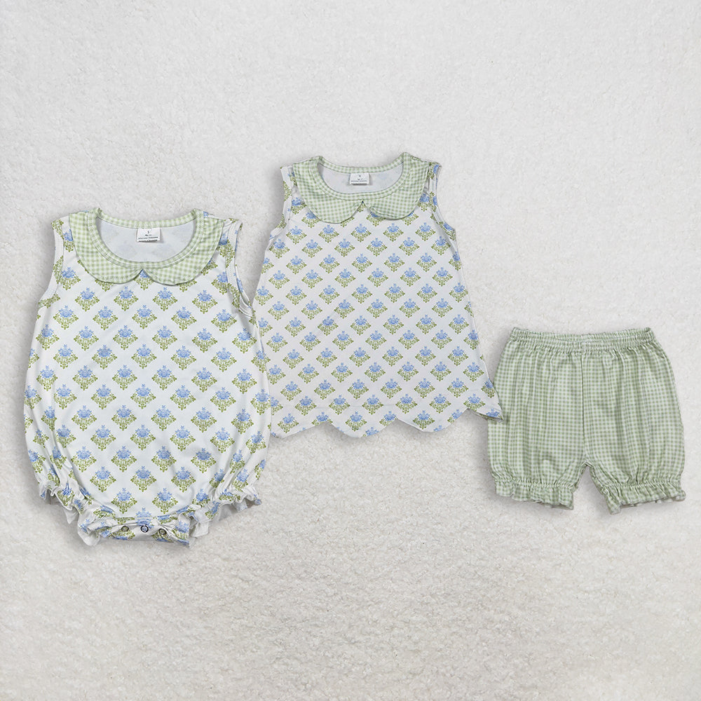 RTS Sibling Baby Girls Kids Sleeveless Flower Scallop Tops Plaid Shorts Set Romper