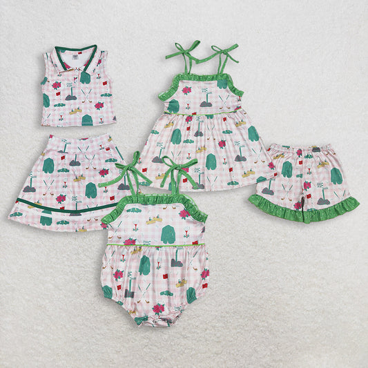 RTS Sibling Baby Girls Kids Sleeveless Golf Plaid Summer Bubble Romper Sets Clothes