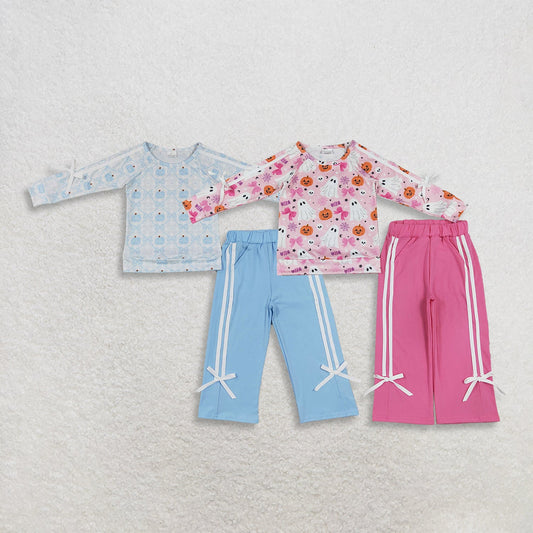 Sibling Baby Girls Kids Ghosts Pumpkins Bows Shirts Pockets Pants Sets Fall Clothes