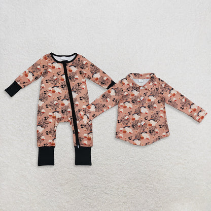 Sibling Baby Boys Kids Long Sleeves Halloween Pumpkins Ghosts Zip Romper Buttons Shirt Clothes