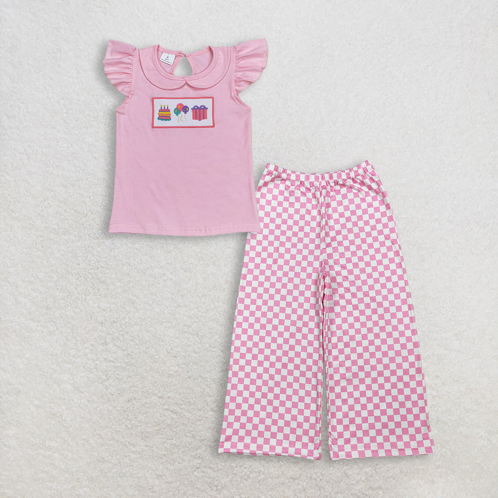 RTS Baby Girl Kids Short Sleeves Embroidery Shirt Pink Plaid Pants Birthday Set Clothes