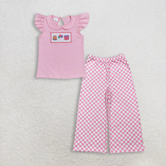 RTS Baby Girl Kids Short Sleeves Embroidery Shirt Pink Plaid Pants Birthday Set Clothes
