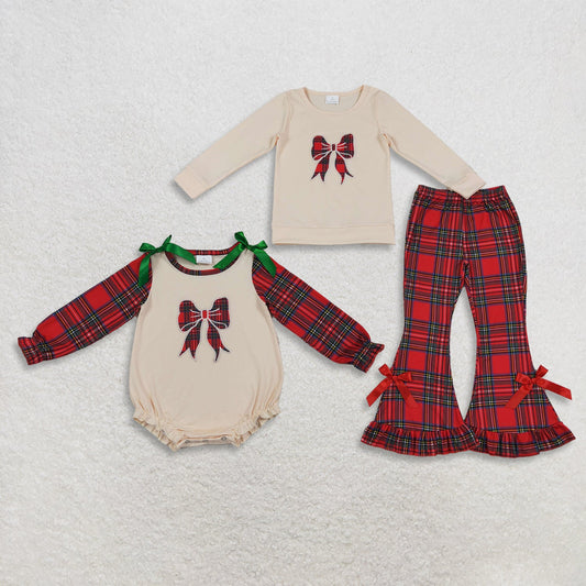 Sibling Baby Girls Kids Long Sleeves Embroidery Plaid Bows Romper Set Christmas Clothes