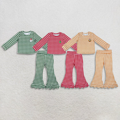 Sibling Baby Girls Kids Embroidery Santa Tree Scallop Tops Plaid Bell Pants Christmas Sets Clothes RTS