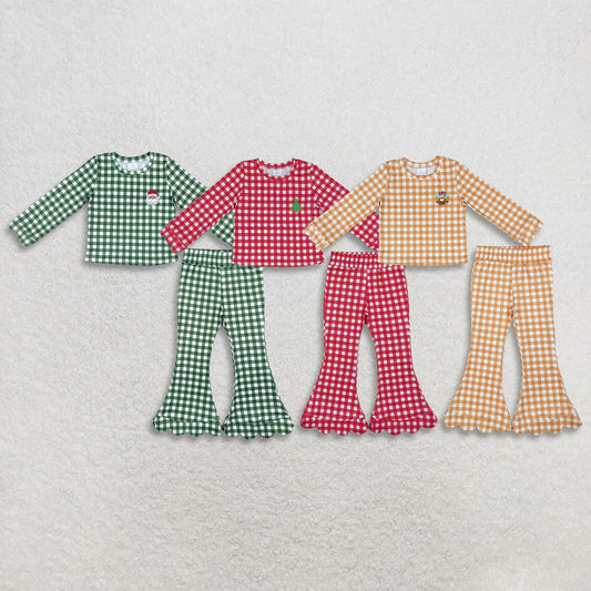 Sibling Baby Girls Kids Embroidery Santa Tree Scallop Tops Plaid Bell Pants Christmas Sets Clothes