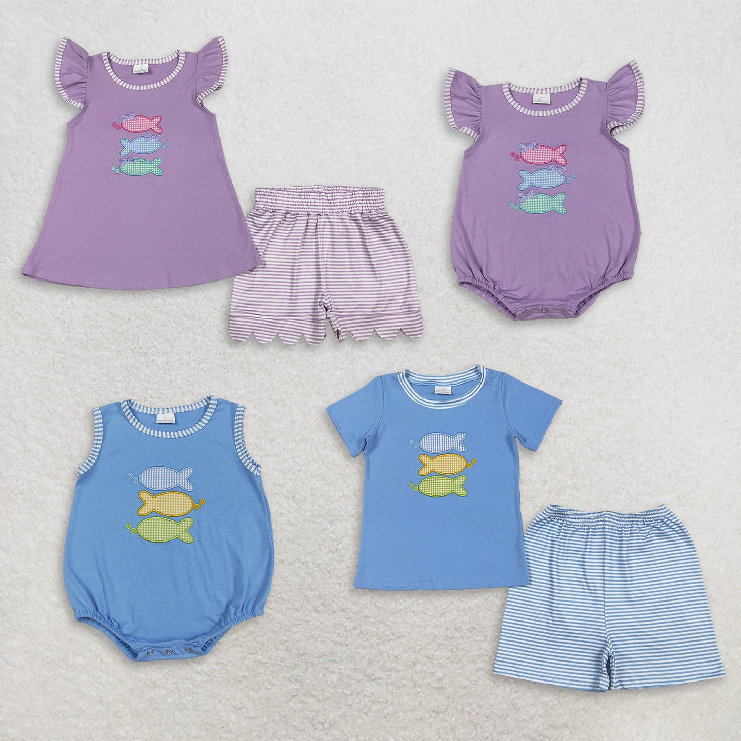 Sibling Baby Boys Girls Embroidery Fish Stripes Rompers Sets Summer Clothes