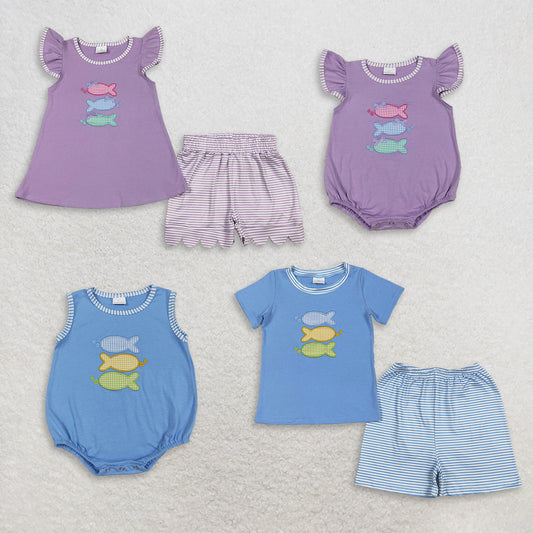 Sibling Baby Boys Girls Embroidery Fish Stripes Rompers Sets Summer Clothes