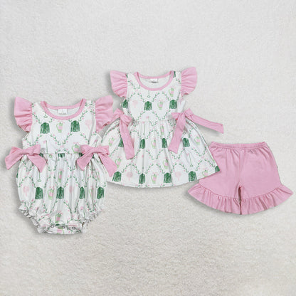 RTS Sibling Baby Girls Infant Short Sleeves Golf Floral Pink Bows Bubble Romper Set