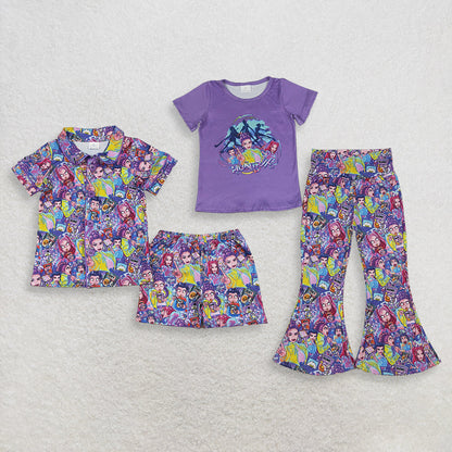 Sibling Baby Girls Kids Short Sleeves Singer Characters Sets Purple Clothes