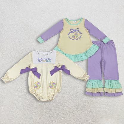RTS Sibling Baby Girls Kids Long Sleeves Embroidery Sweet Cake Bows Mardi Gras Romper Set