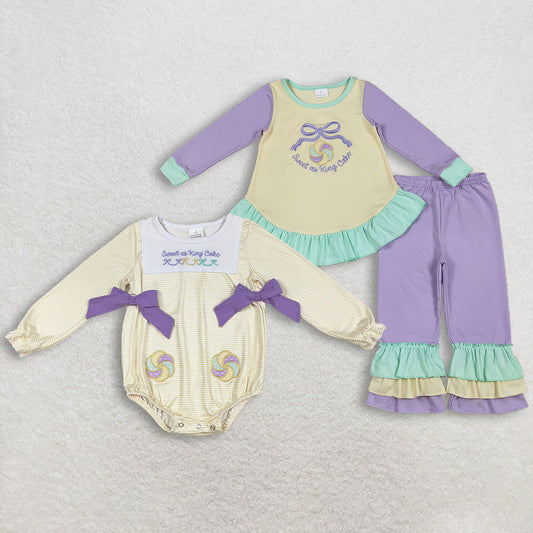 RTS Sibling Baby Girls Kids Long Sleeves Embroidery Sweet Cake Bows Mardi Gras Romper Set
