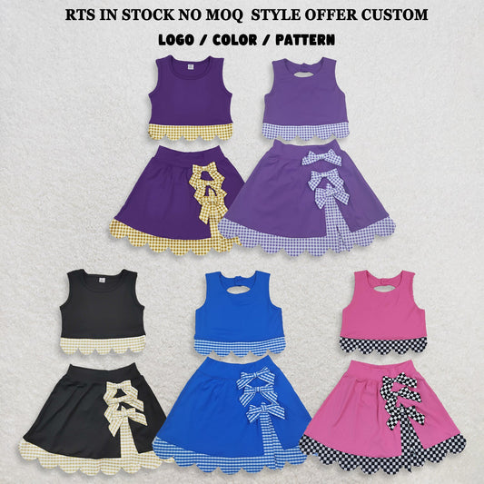 Sibling Baby Girls Kids Sleeveless Vests Plaid Bows Scallop Bows Skirts Shorts Yoga Active Sets Clothes