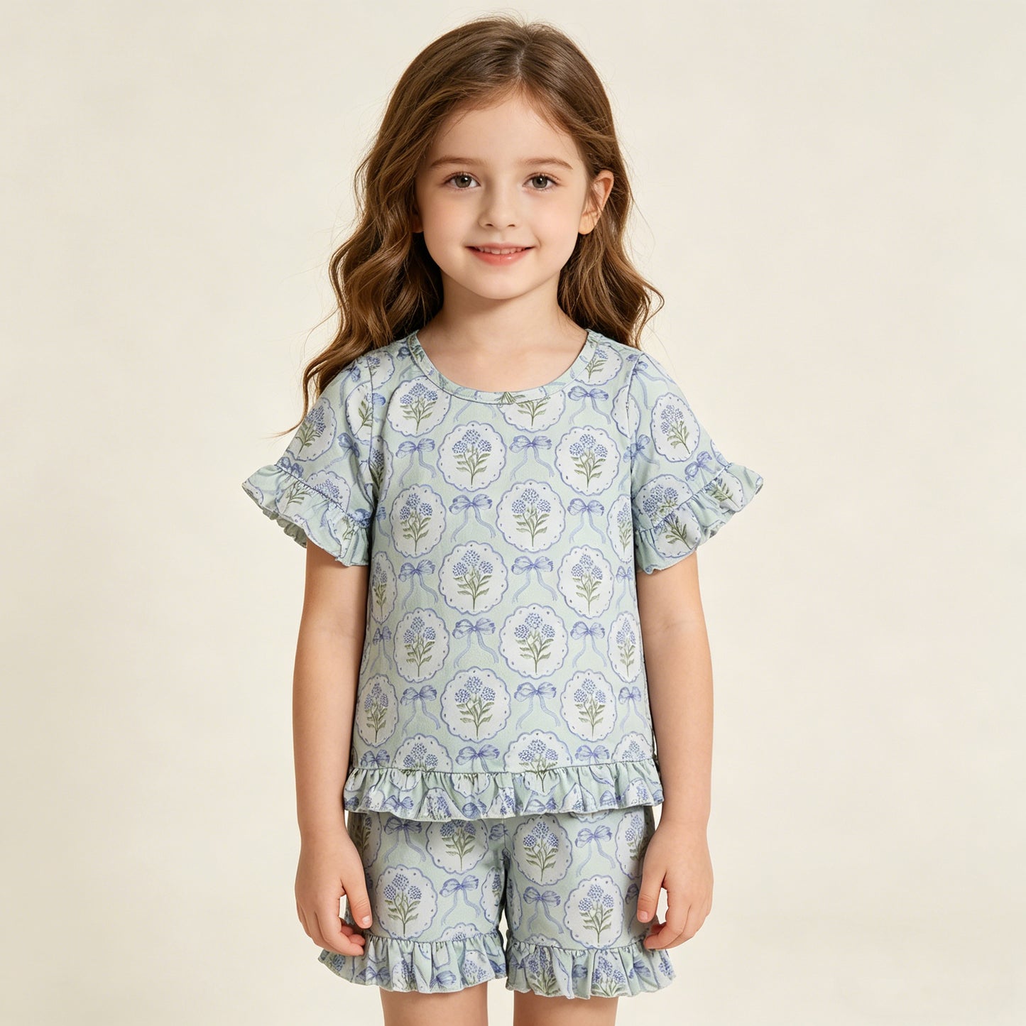 Baby Girls Kids Short Sleeves Blue Bows Flower Shirt Shorts Summer Clothes Set