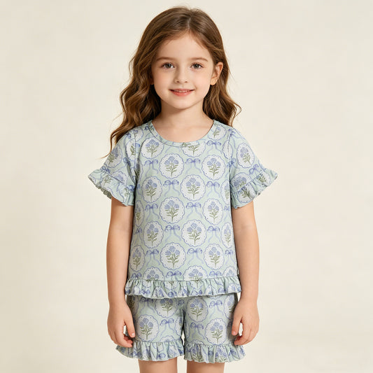 Baby Girls Kids Short Sleeves Blue Bows Flower Shirt Shorts Summer Clothes Set