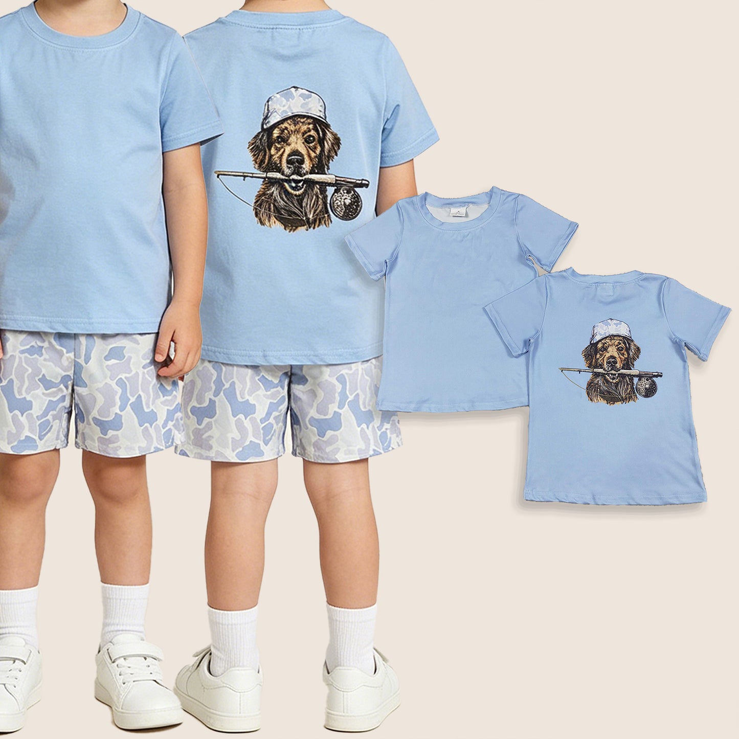 Baby Boys Kids Short Sleeves Dog Fishing Shirt Blue Camo Pockets Shorts Set Clothes