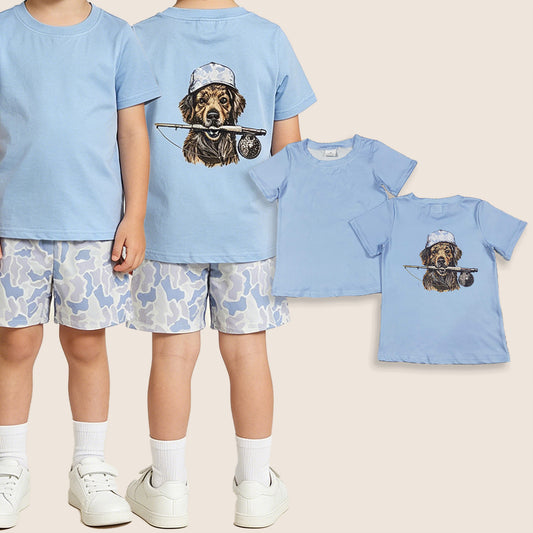 Baby Boys Kids Short Sleeves Dog Fishing Shirt Blue Camo Pockets Shorts Set Clothes