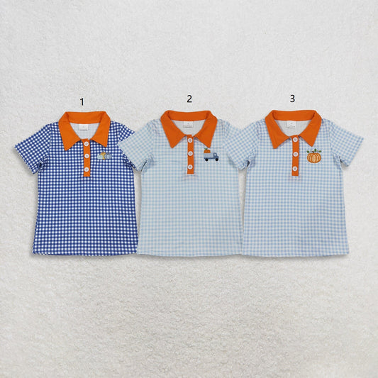 Sibling Baby Boys Kids Embroidery Pumpkins Buttons Plaid Shirts Kids Thanksgiving Clothes