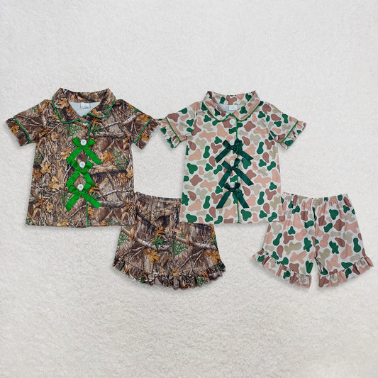 Sibling Baby Girls Kids Bows Buttons Shirts Camo Ruffle Shorts Hunting Pajamas Sets