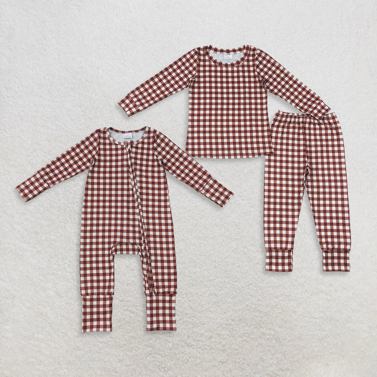 Sibling Baby Boys Kids Long Sleeves Plaid Zipper Footie Romper Pajamas Set Clothes