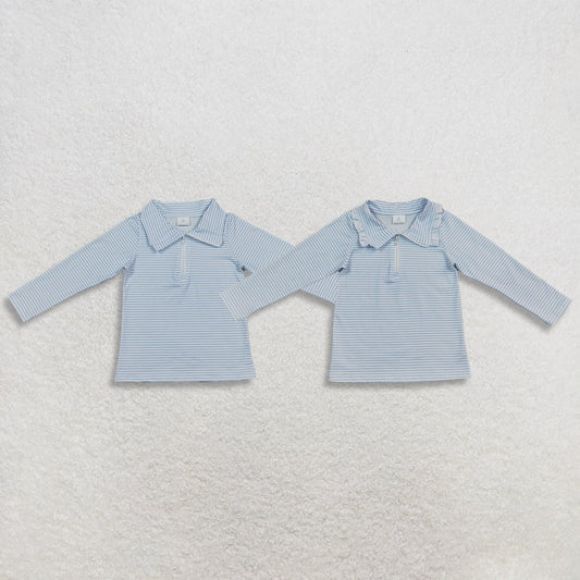 Sibling Baby Boys Girls Kids Long Sleeves Blue Stripes Zipper Pullovers Shirts Tops