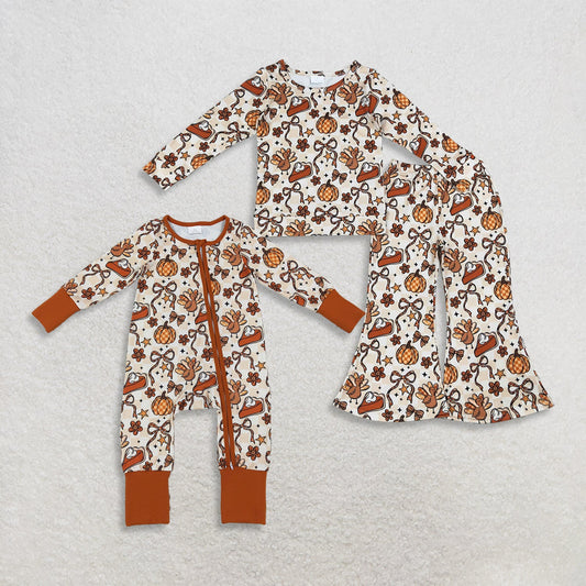 Sibling Baby Girls Kids Pumpkins Bows turkey Zipper Footie Romper Set Thanksgiving Fall Clothes