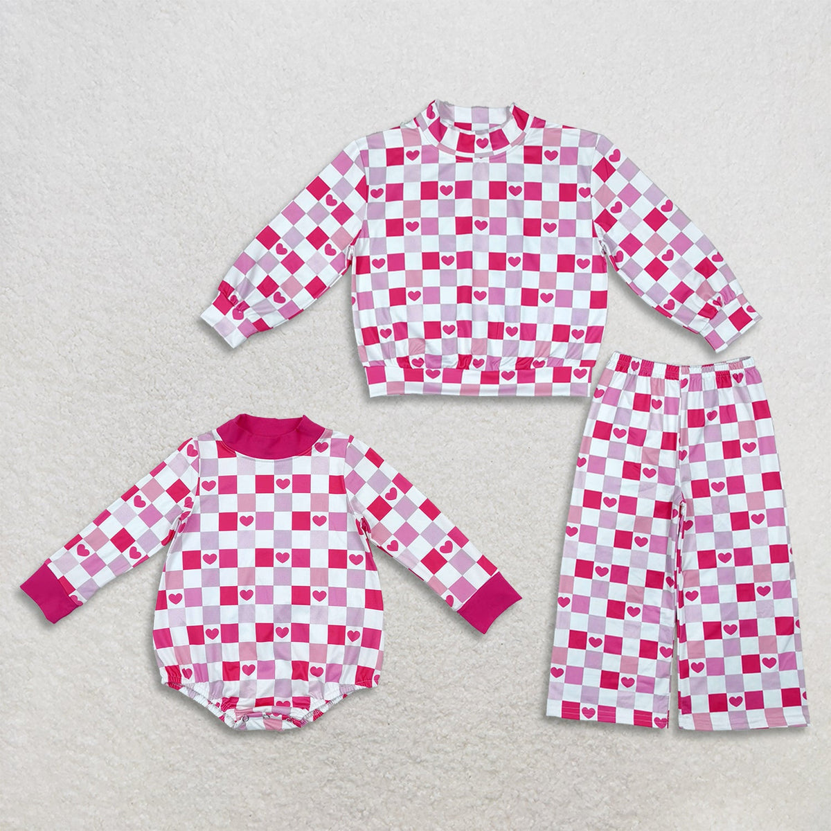 Sibling Baby Kids Toddler Long Sleeves Hearts Checked Valentine Romper Set Mock Neck‌ Clothes