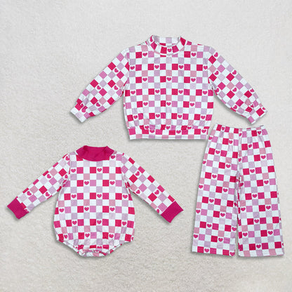 Sibling Baby Kids Toddler Long Sleeves Hearts Checked Valentine Romper Set Mock Neck‌ Clothes