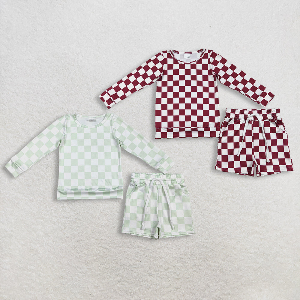 RTS Sibling Baby Girls Toddler Long Sleeves Checked Shirts Pockets Shorts Clothes Summer Sets