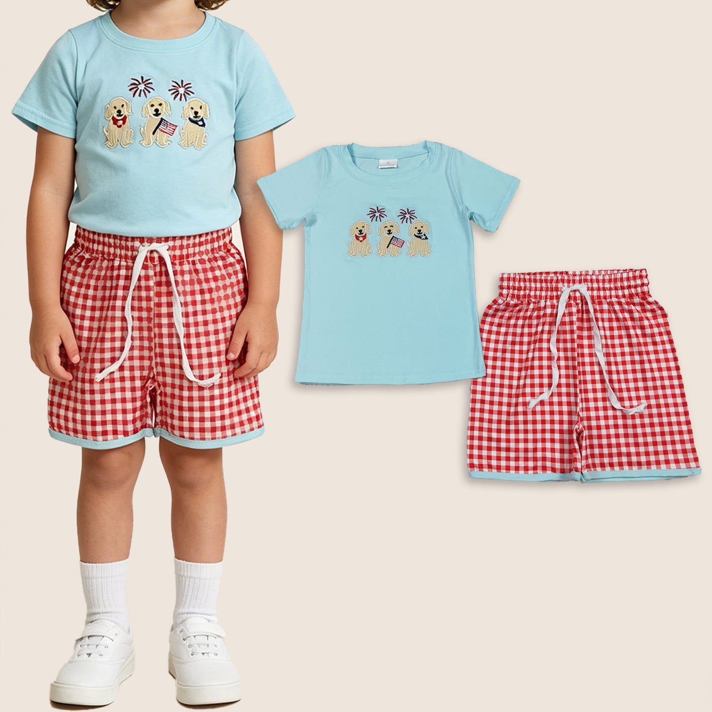 Baby Boys Kids Short Sleeves Embroidery Dogs Flags Shirt Red Plaid Shorts 4th of July Set